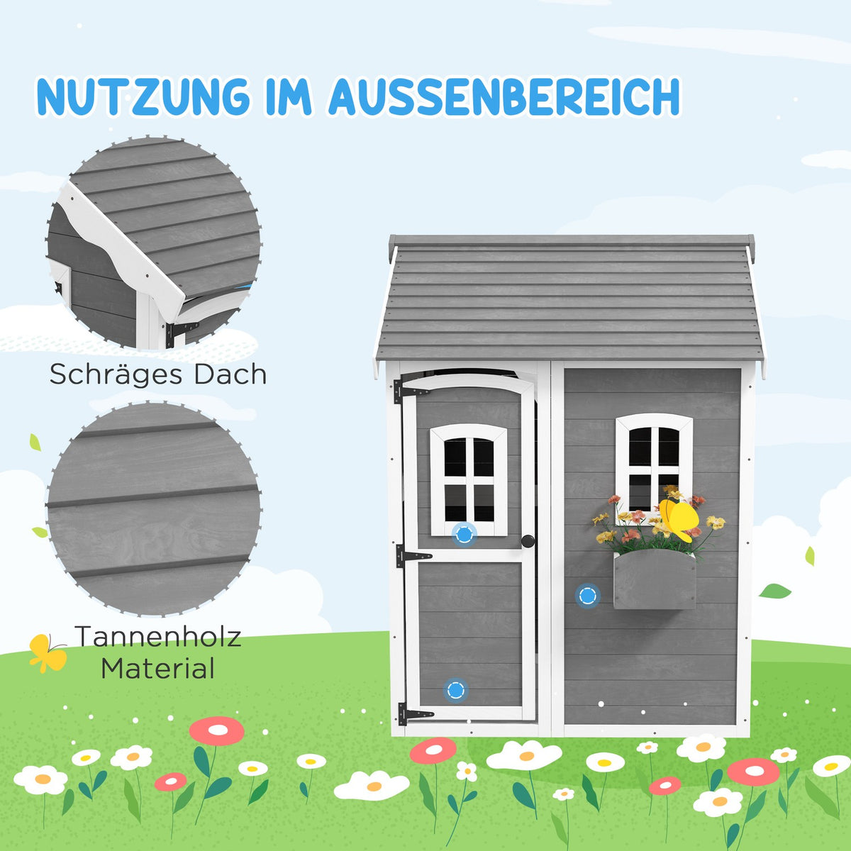 Children's playhouse made of wood, outdoor playhouse with door, window and plant box, children's house, garden house for children 3-8 years