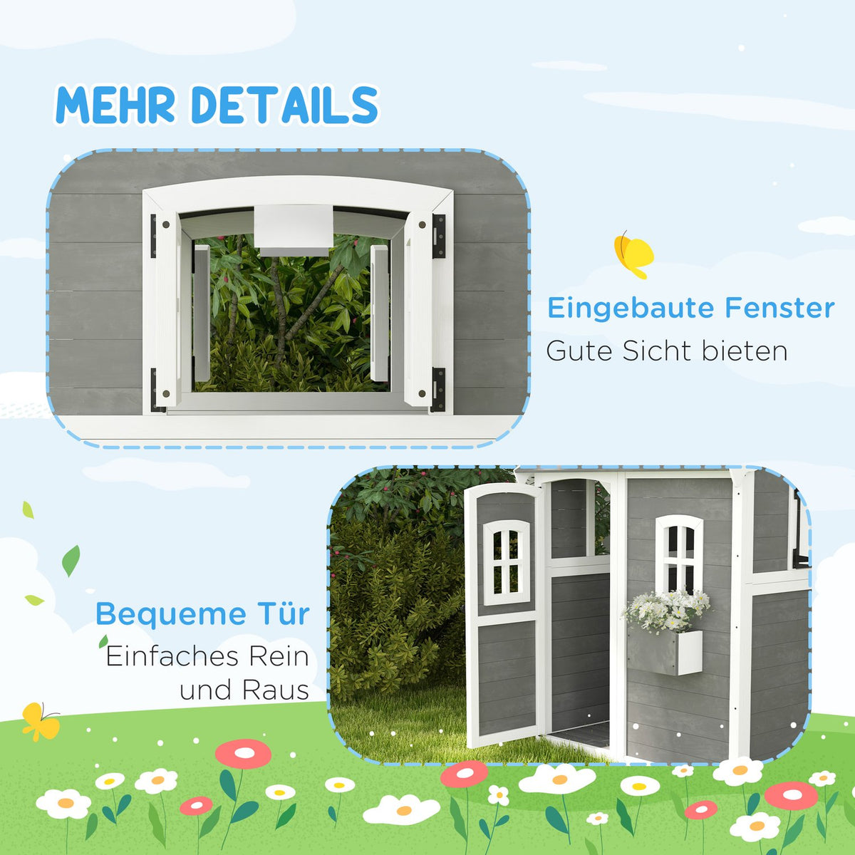 Children's playhouse made of wood, outdoor playhouse with door, window and plant box, children's house, garden house for children 3-8 years