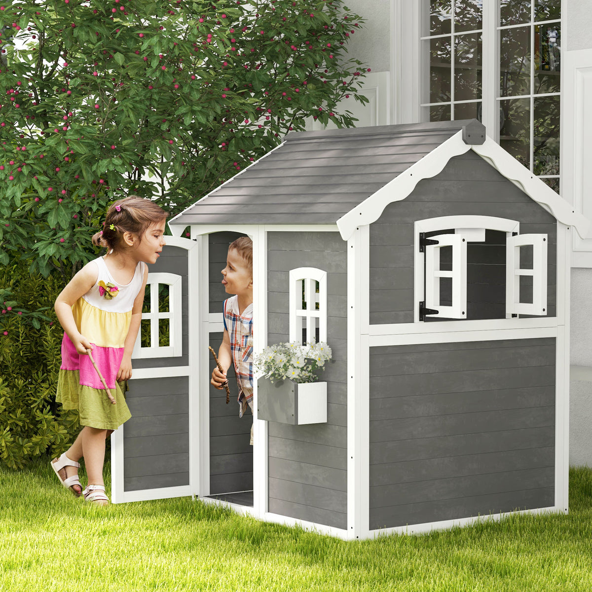 Children's playhouse made of wood, outdoor playhouse with door, window and plant box, children's house, garden house for children 3-8 years