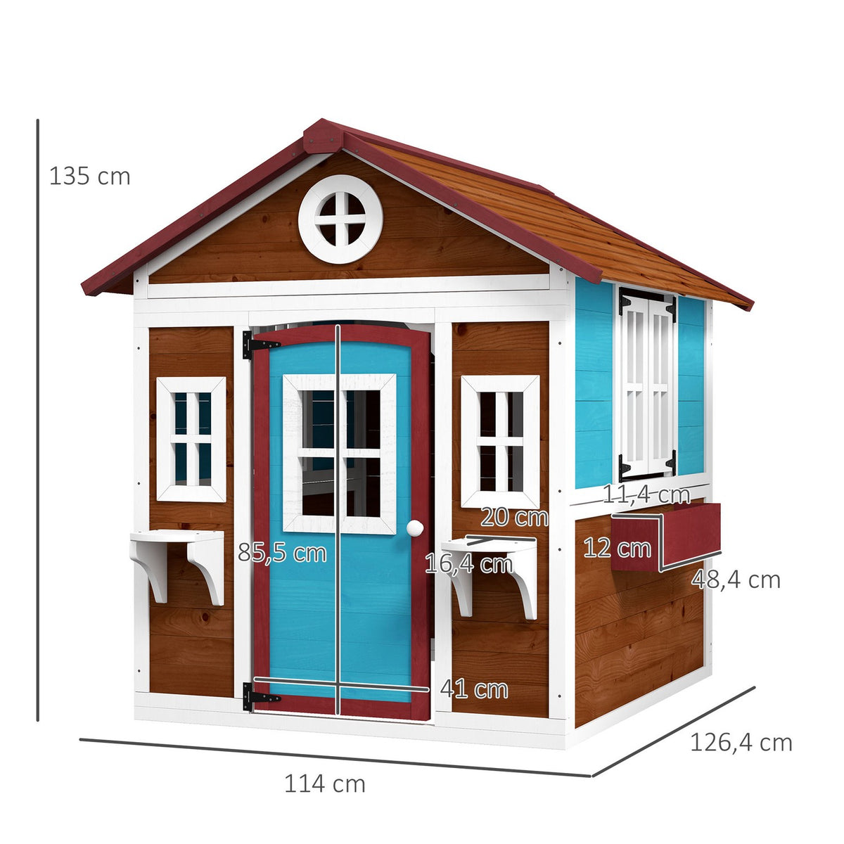 Children's playhouse made of wood, outdoor playhouse with window, flower shelf, plant box and door, garden house for children 3-8 years, dark brown
