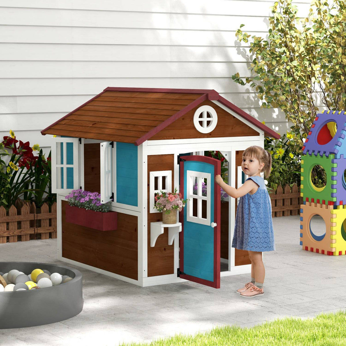 Children's playhouse made of wood, outdoor playhouse with window, flower shelf, plant box and door, garden house for children 3-8 years, dark brown