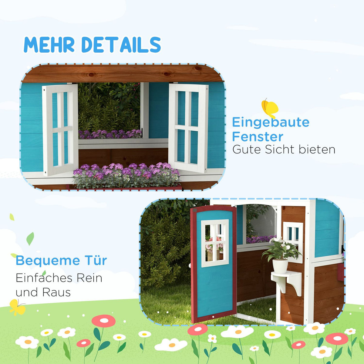 Children's playhouse made of wood, outdoor playhouse with window, flower shelf, plant box and door, garden house for children 3-8 years, dark brown