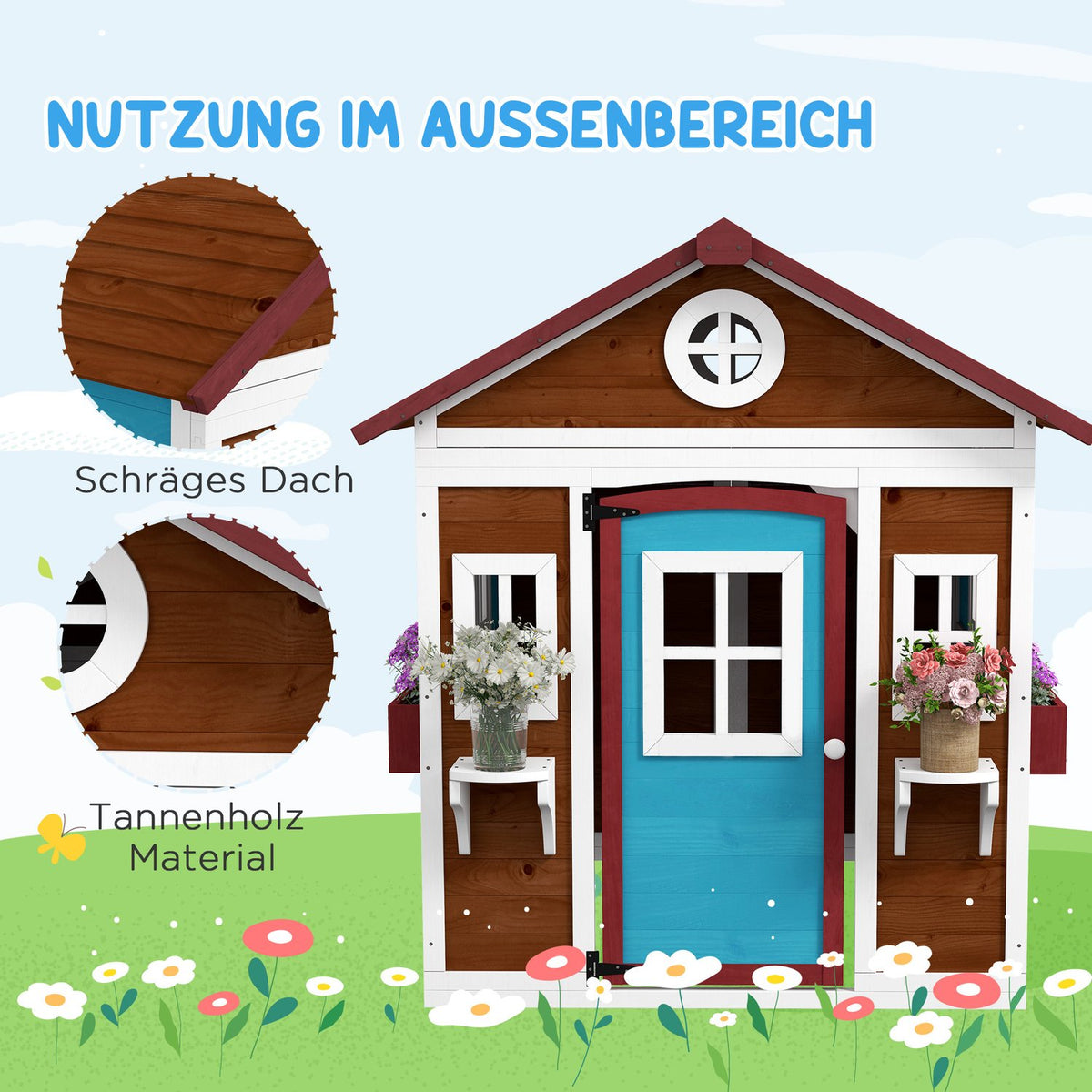 Children's playhouse made of wood, outdoor playhouse with window, flower shelf, plant box and door, garden house for children 3-8 years, dark brown