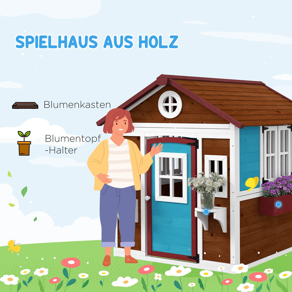 Children's playhouse made of wood, outdoor playhouse with window, flower shelf, plant box and door, garden house for children 3-8 years, dark brown