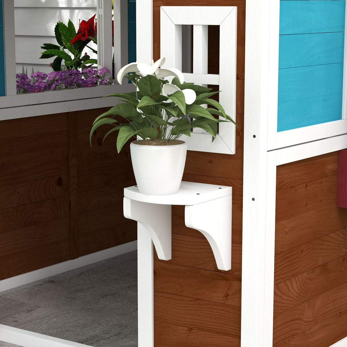 Children's playhouse made of wood, outdoor playhouse with window, flower shelf, plant box and door, garden house for children 3-8 years, dark brown