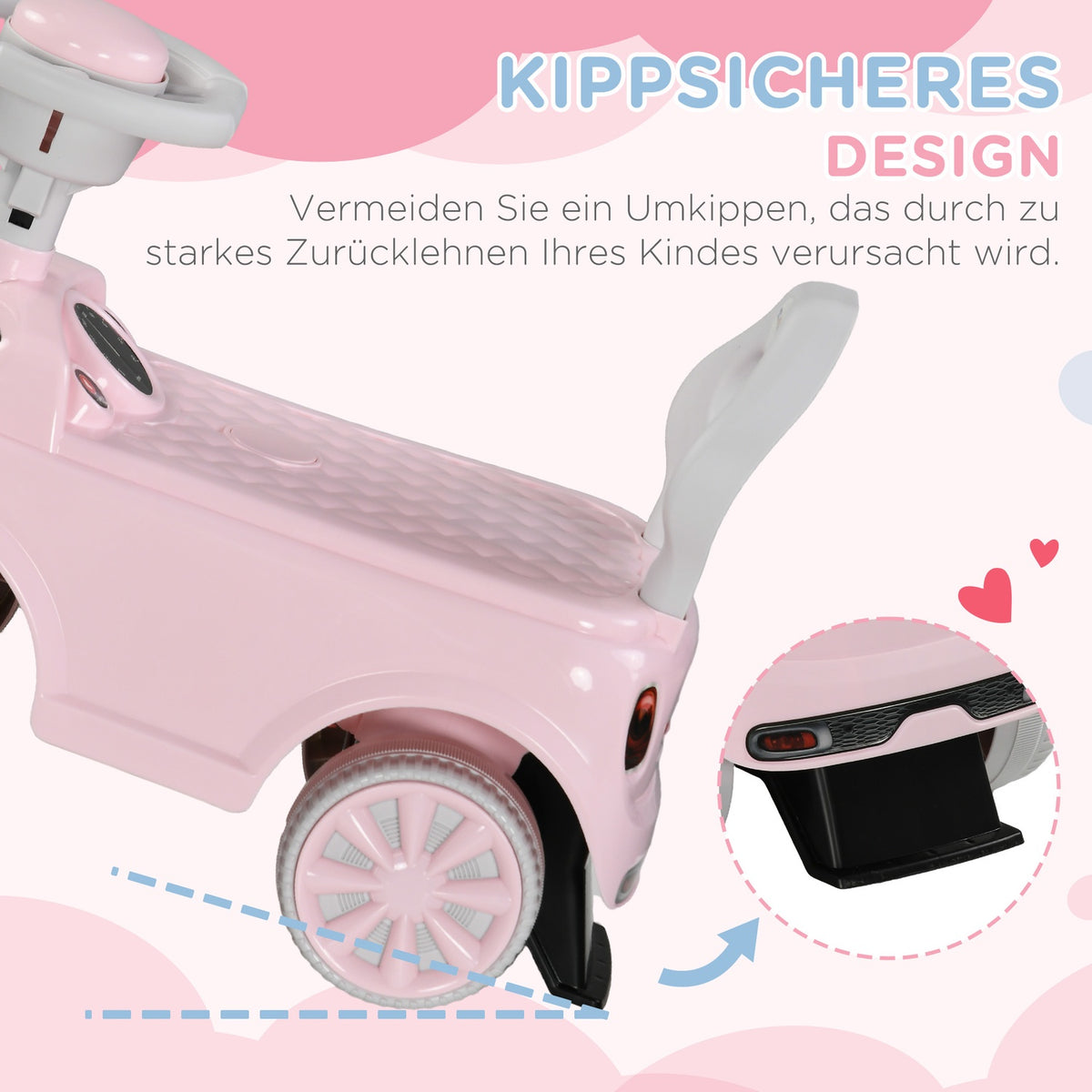 Children's ride-on car, children's vehicle, children's car, ride-on vehicle with tip protection, ride-on for children, pink, 53 x 52 x 35 cm