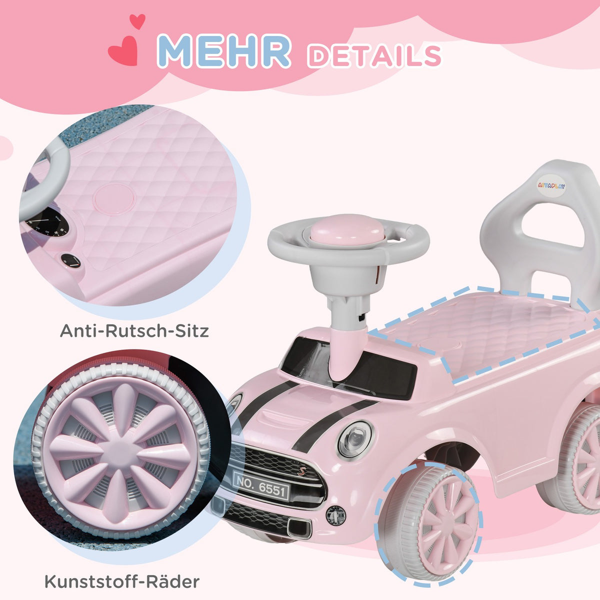 Children's ride-on car, children's vehicle, children's car, ride-on vehicle with tip protection, ride-on for children, pink, 53 x 52 x 35 cm