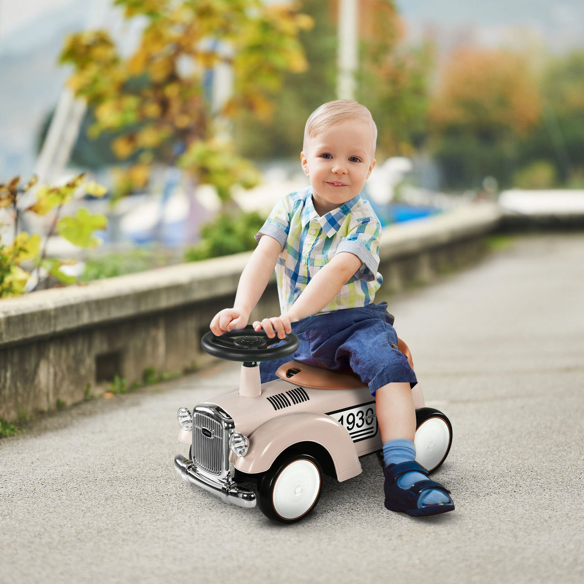Children's ride-on car, children's vehicle with storage space, children's car, with tip protection, for 1-3 years children, cream, 58 x 27 x 35 cm