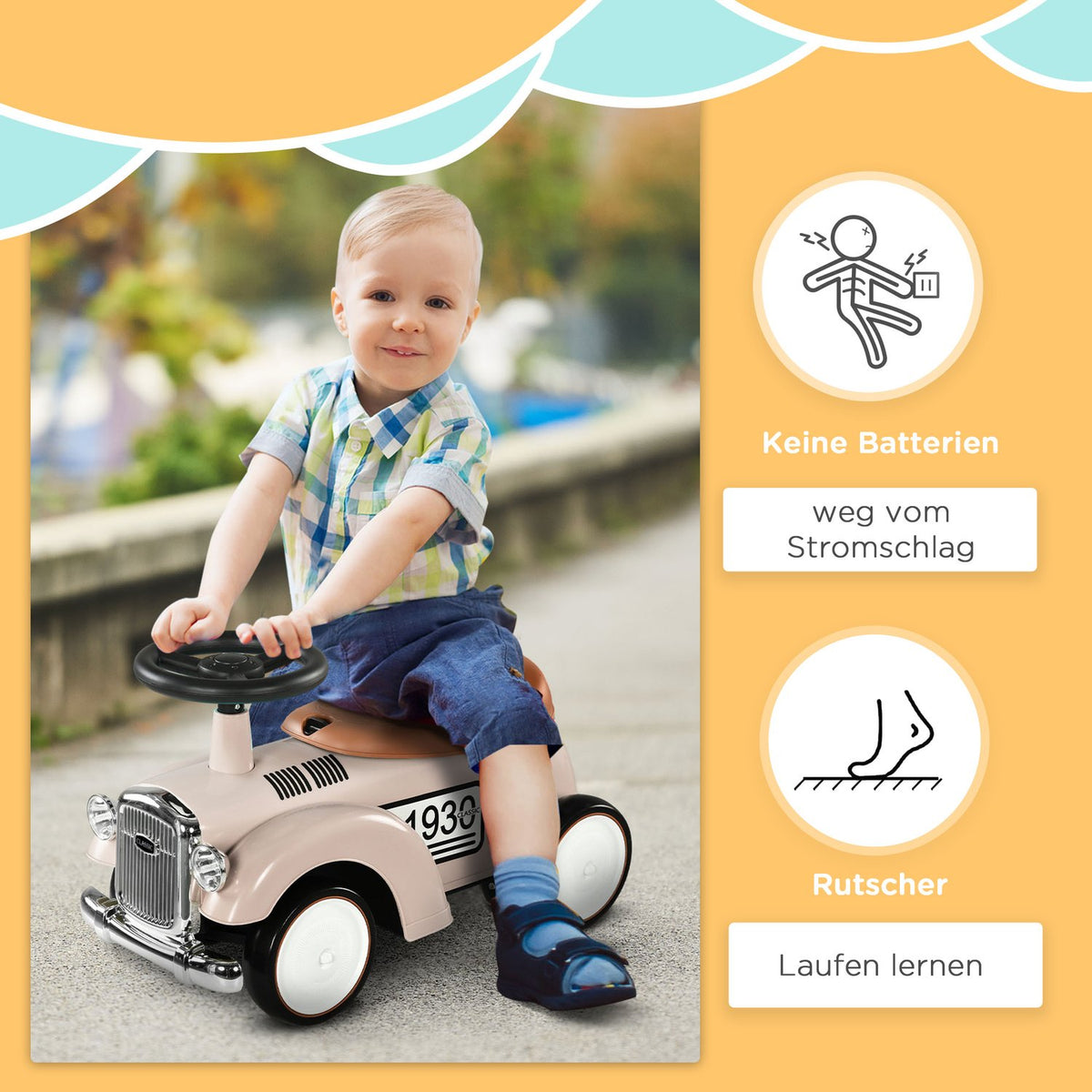 Children's ride-on car, children's vehicle with storage space, children's car, with tip protection, for 1-3 years children, cream, 58 x 27 x 35 cm