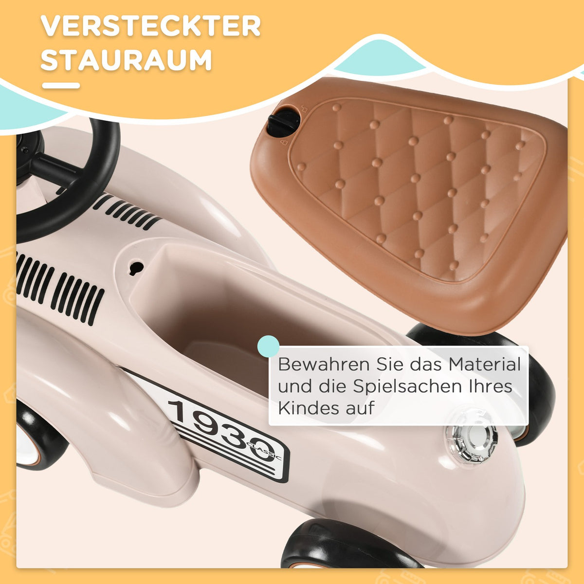 Children's ride-on car, children's vehicle with storage space, children's car, with tip protection, for 1-3 years children, cream, 58 x 27 x 35 cm