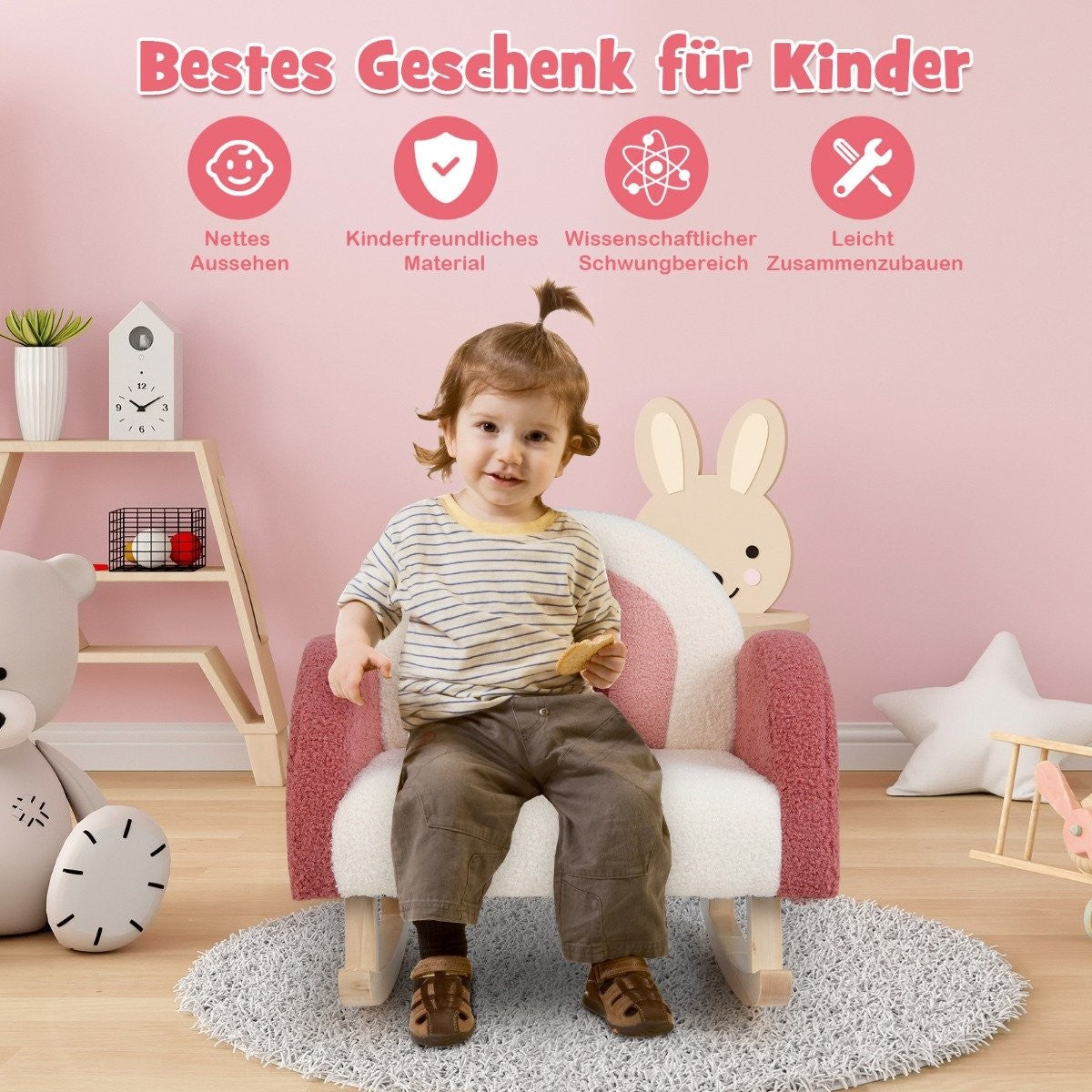 Children's rocking chair teddy plush armchair with rocking legs made of poplar wood red
