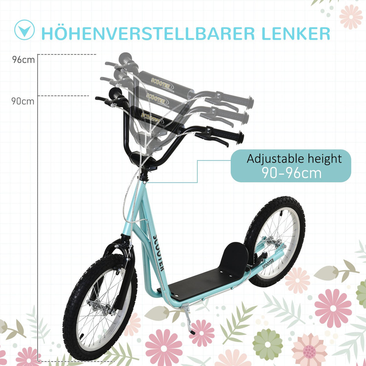 Children's scooter, foldable kick scooter with pneumatic tires and handbrake, city scooter, adventure for children aged 5 and over, 16 inches