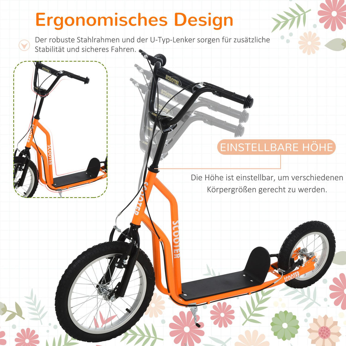 Children's scooter from 5 years, city scooter with pneumatic tires 16/12 inches, orange, 135 x 58 x 88-94 cm