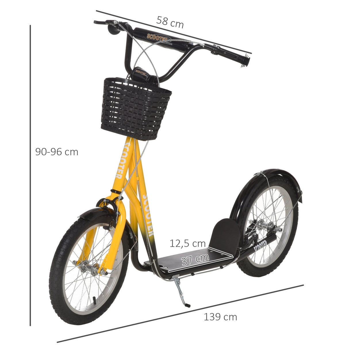 Children's scooter, height-adjustable kick scooter with large rubber wheels, 2 brakes, children's scooter with basket, cup holder, for 5-12 years