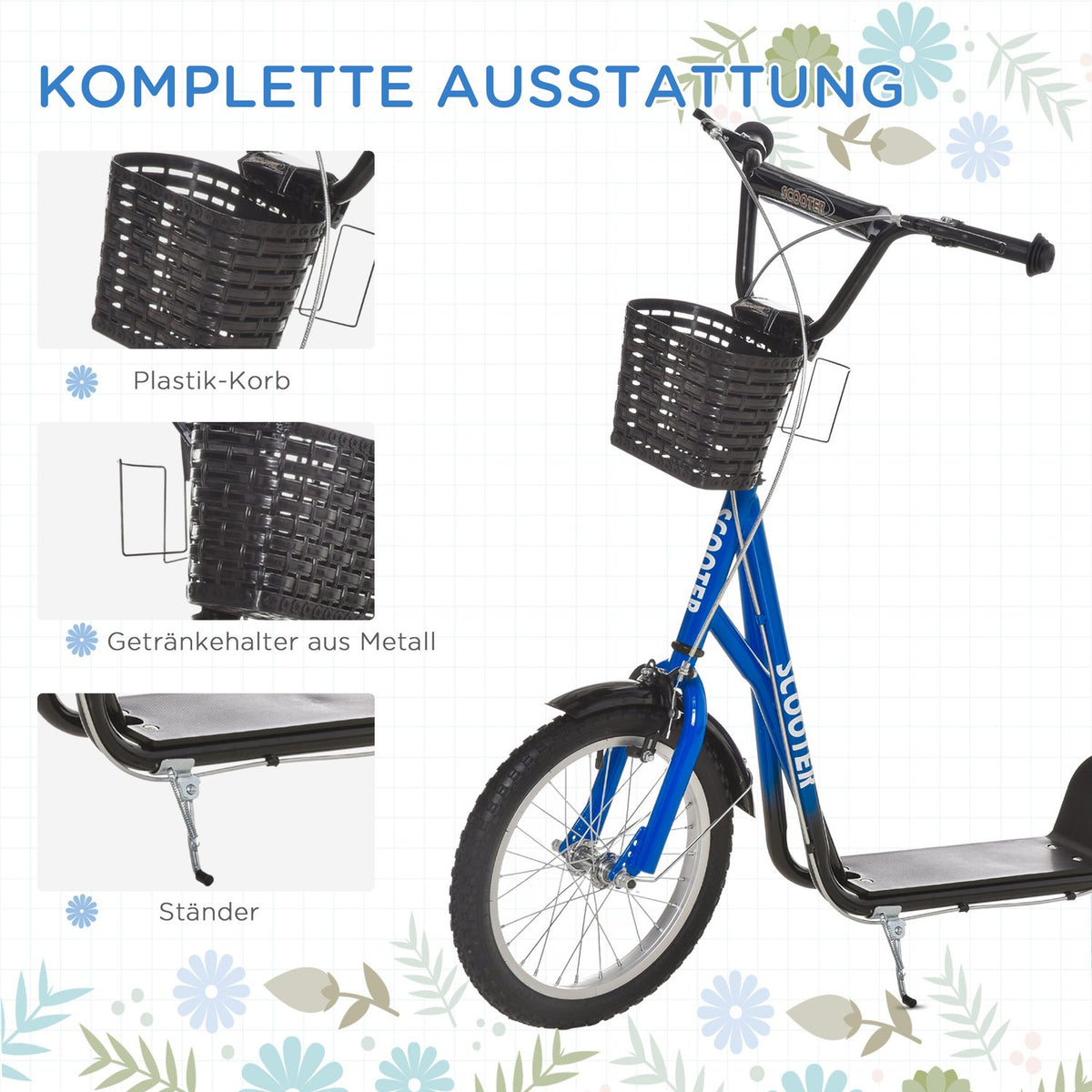 Children's scooter with brake basket height adjustable for 5-12 children scooter kickboard aluminum alloy rubber blue + black