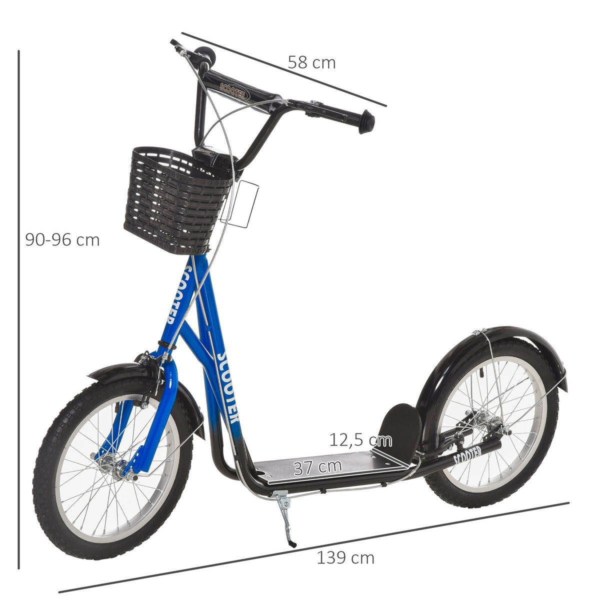 Children's scooter with brake basket height adjustable for 5-12 children scooter kickboard aluminum alloy rubber blue + black