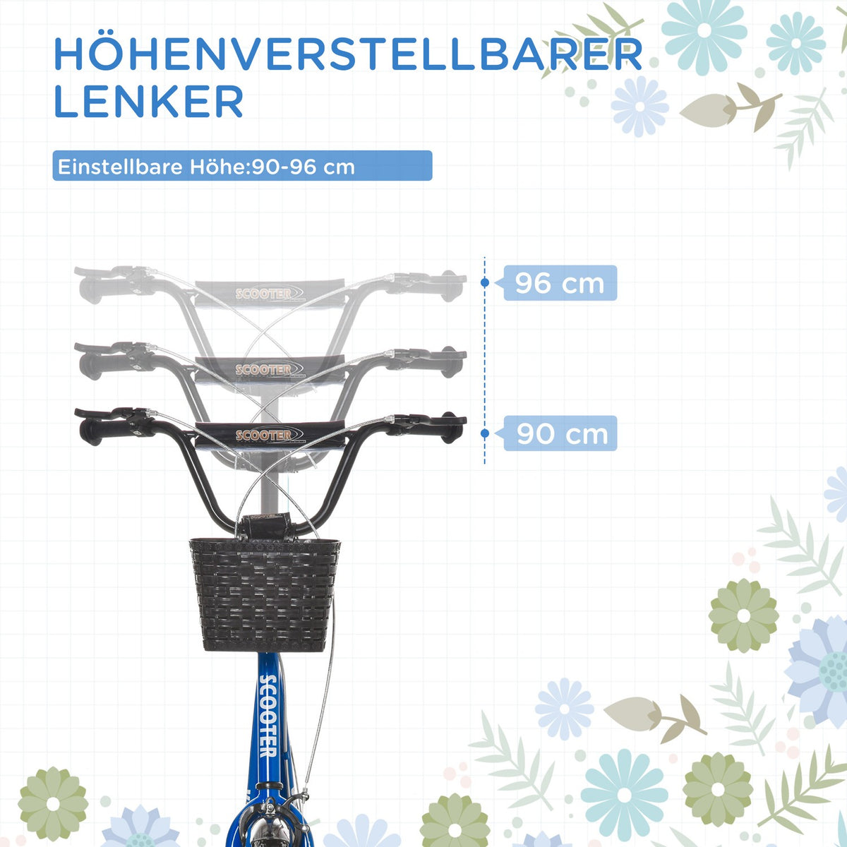 Children's scooter with brake basket height adjustable for 5-12 children scooter kickboard aluminum alloy rubber blue + black