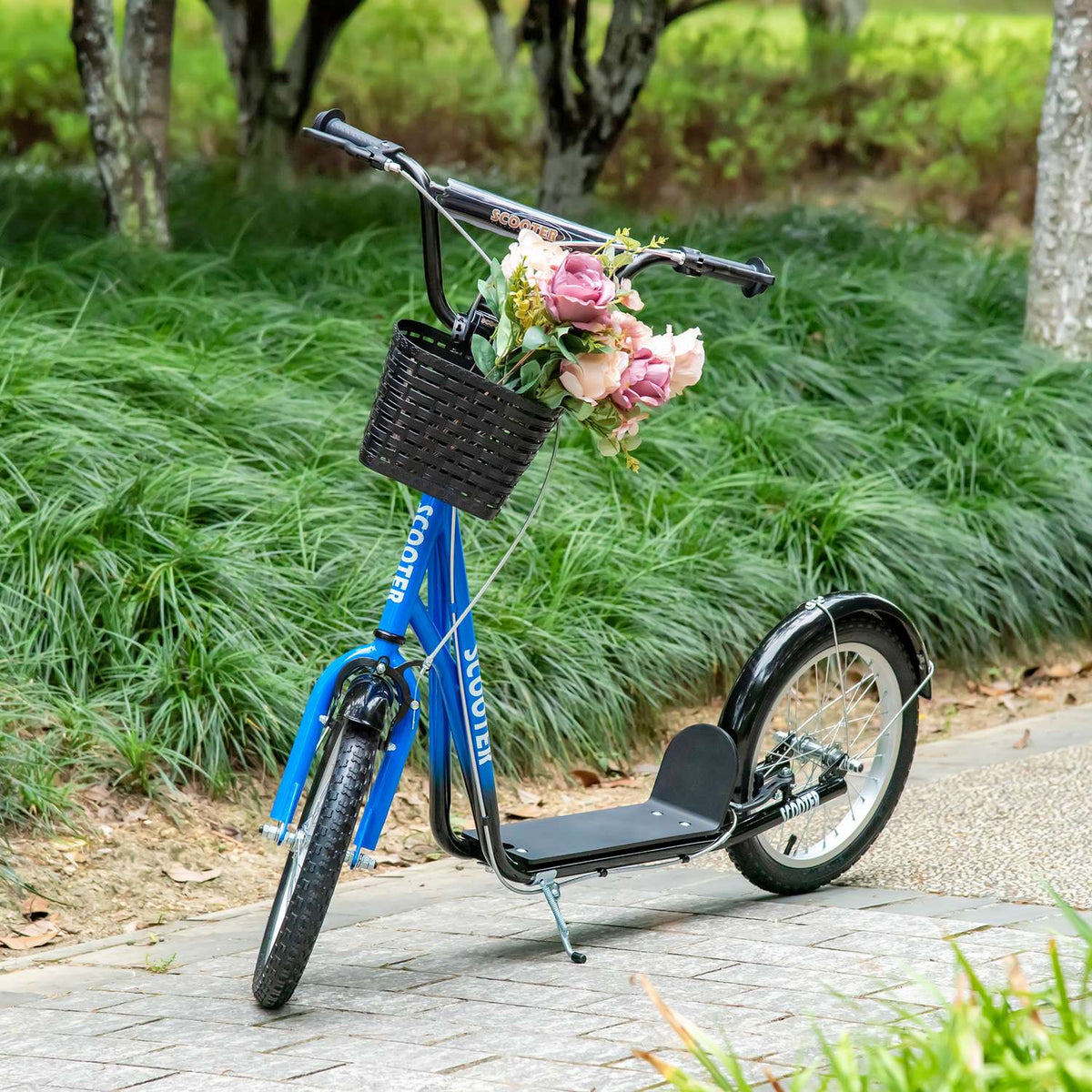Children's scooter with brake basket height adjustable for 5-12 children scooter kickboard aluminum alloy rubber blue + black