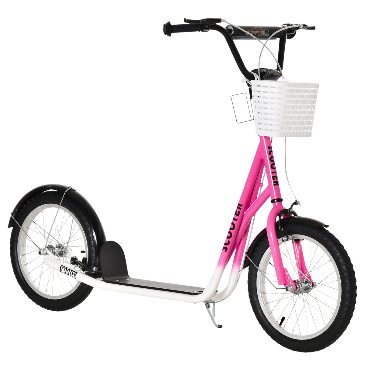 Children's scooter with brake basket, height adjustable for 5-12 children, scooter, kickboard, aluminum alloy, rubber, pink + white
