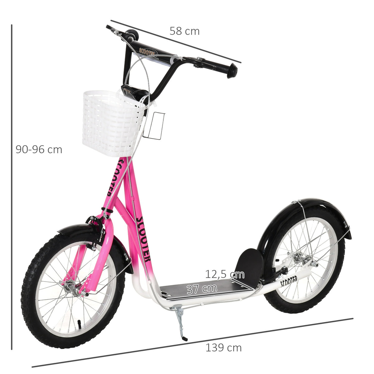 Children's scooter with brake basket, height adjustable for 5-12 children, scooter, kickboard, aluminum alloy, rubber, pink + white
