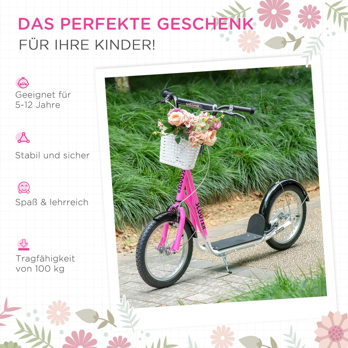 Children's scooter with brake basket, height adjustable for 5-12 children, scooter, kickboard, aluminum alloy, rubber, pink + white