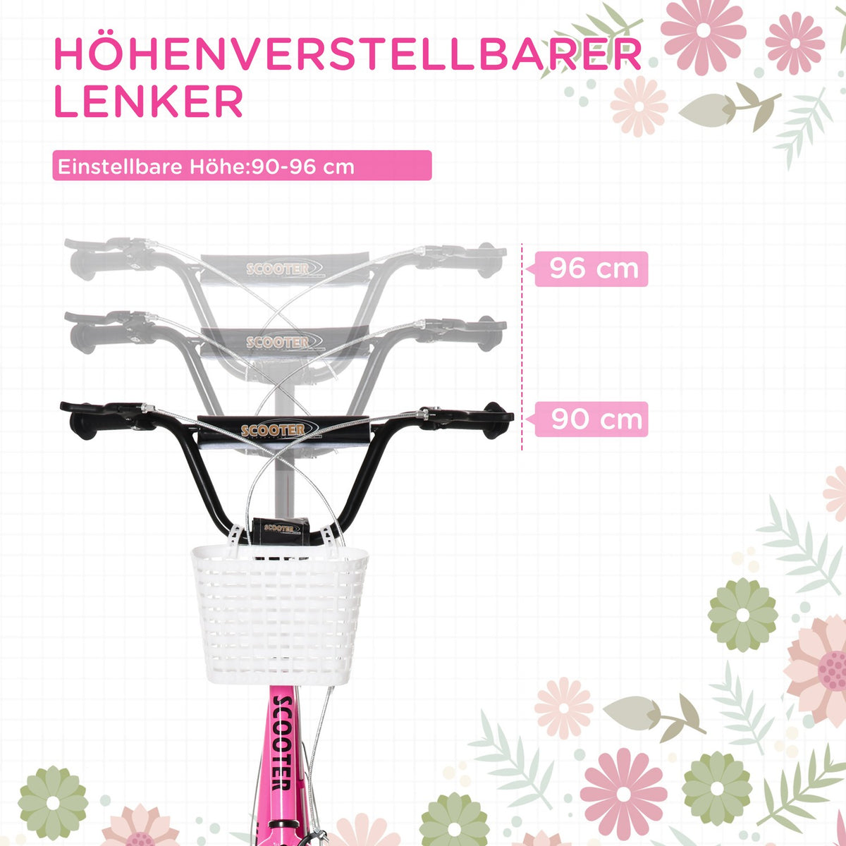 Children's scooter with brake basket, height adjustable for 5-12 children, scooter, kickboard, aluminum alloy, rubber, pink + white