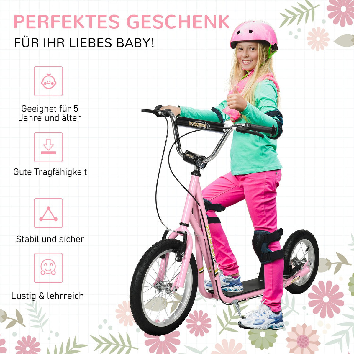 Children's scooter with brakes 16/12 inch scooter city scooter children's scooter kickboard for 5+ years children pink 135 x 58 x 92-100 cm