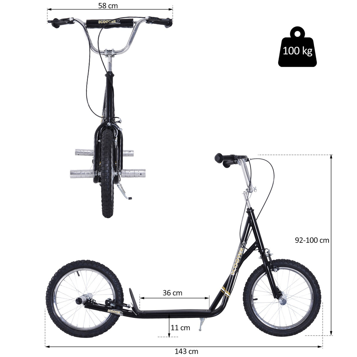 Children's scooter with pneumatic tires, kick scooter, city scooter for children, kickboard, 16 inches from 5 years, height adjustable, black