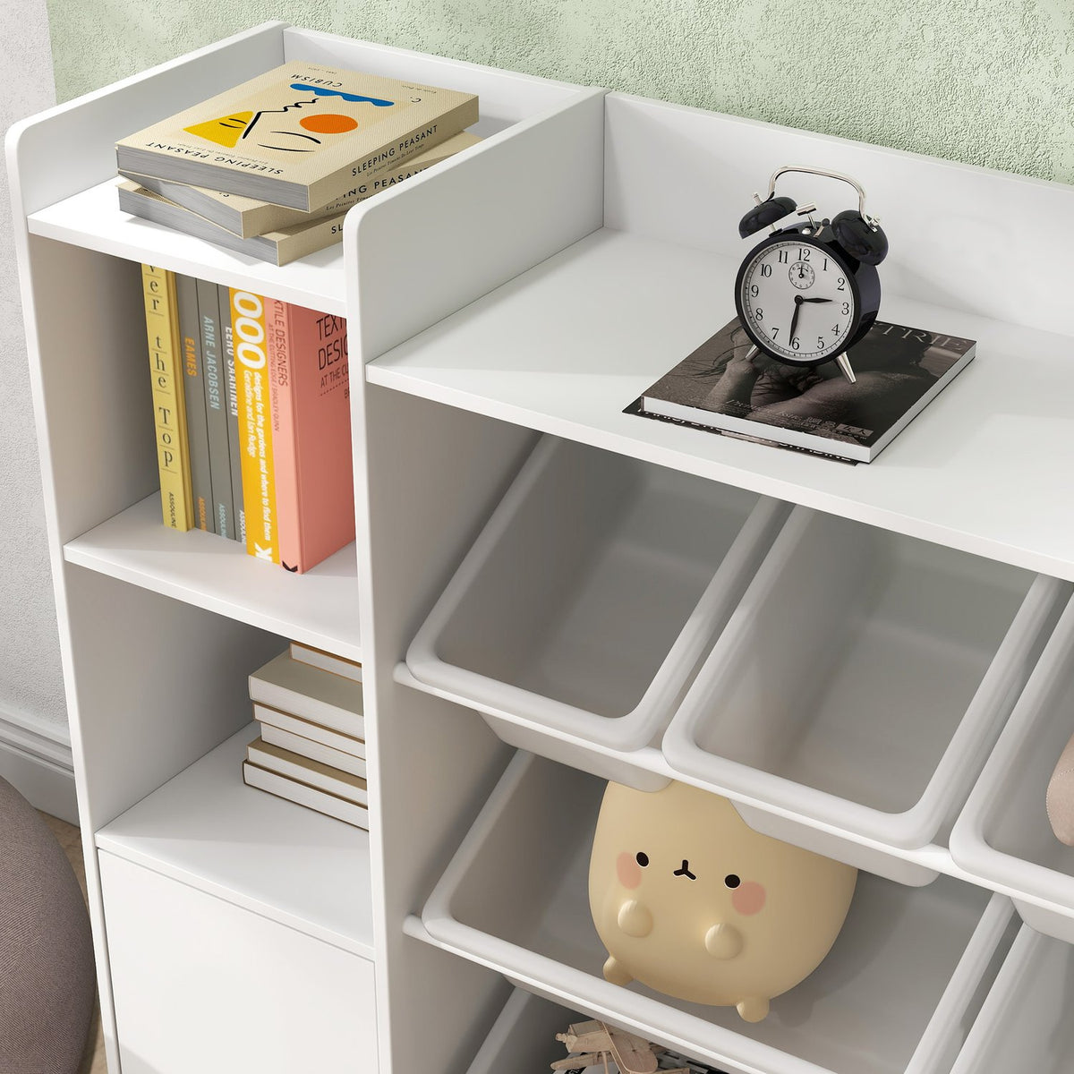 Children's shelf toy shelf with 8 removable boxes, 4 open compartments, 2 cupboard compartments, children's bookcase for children's rooms, kindergarten, 140 x 30 x 90 cm, white