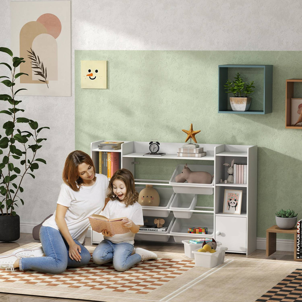 Children's shelf toy shelf with 8 removable boxes, 4 open compartments, 2 cupboard compartments, children's bookcase for children's rooms, kindergarten, 140 x 30 x 90 cm, white