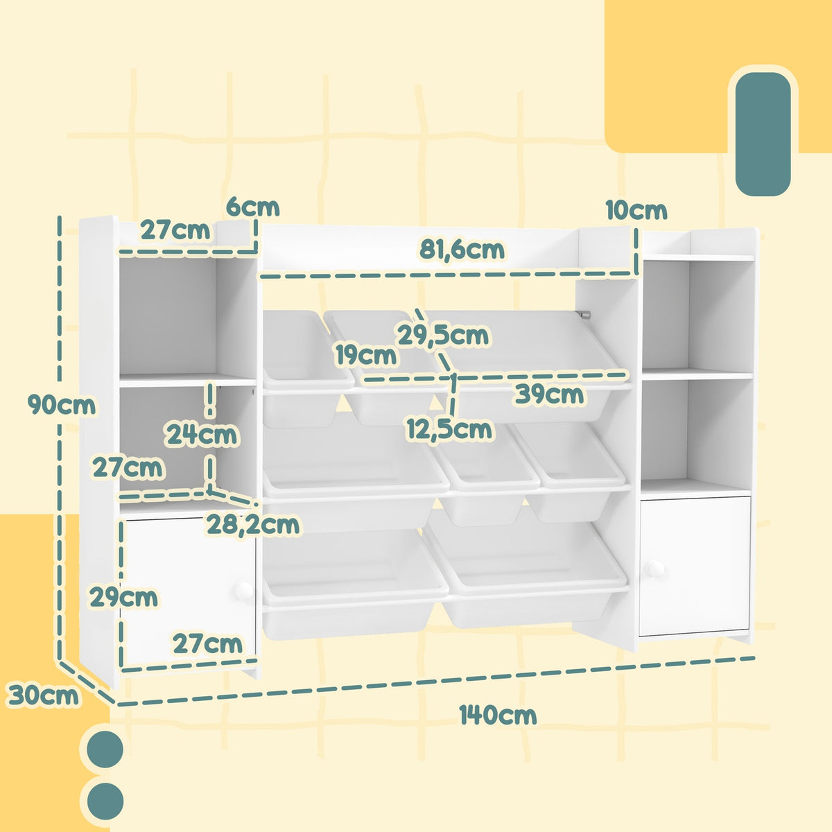 Children's shelf toy shelf with 8 removable boxes, 4 open compartments, 2 cupboard compartments, children's bookcase for children's rooms, kindergarten, 140 x 30 x 90 cm, white