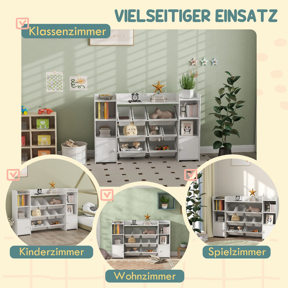 Children's shelf toy shelf with 8 removable boxes, 4 open compartments, 2 cupboard compartments, children's bookcase for children's rooms, kindergarten, 140 x 30 x 90 cm, white