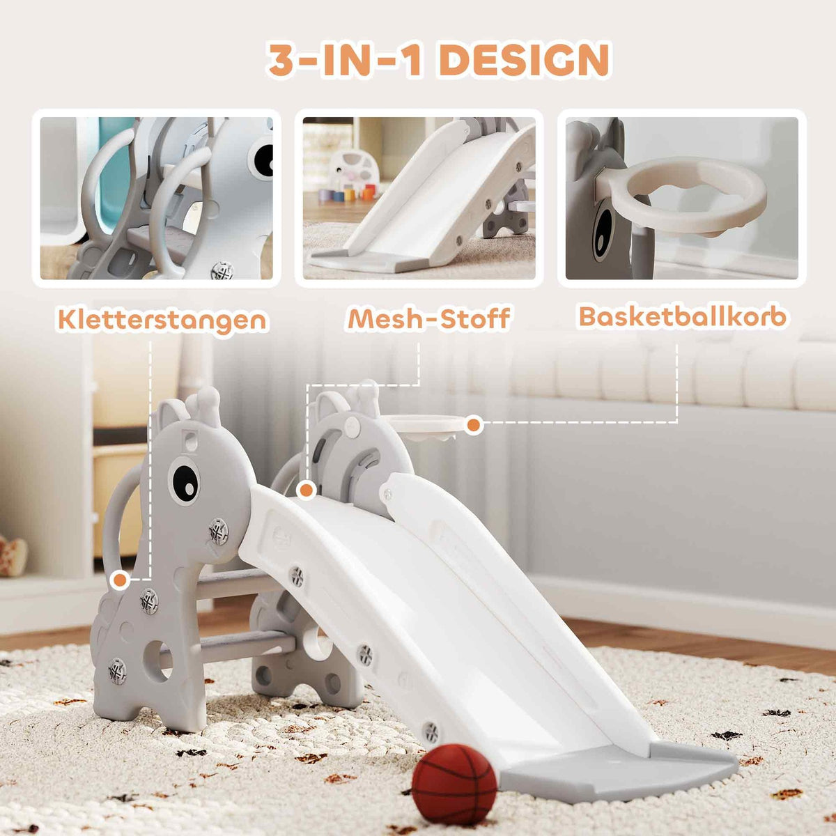 Children's slide, 3 in 1, toddler slide with basketball hoop, slide with basketball for children 1 to 3 years, indoor, gray 106 x 51.5 x 52 cm