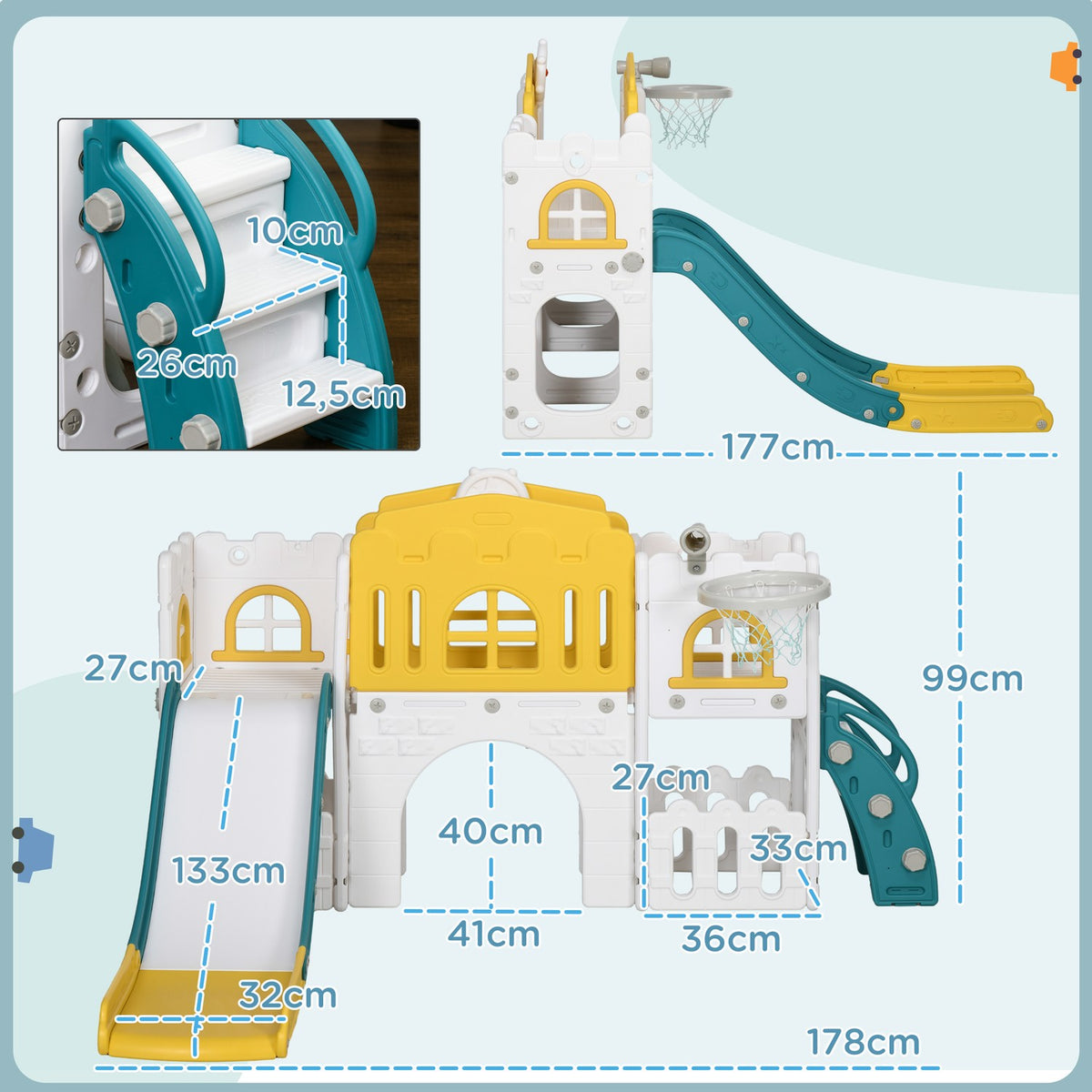 Children's slide, 7 in 1, toddler slide with basketball hoop, climbing frame, telescope, tunnel, steering wheel, platform walk, storage basket, children's playground for 1 to 3 years children