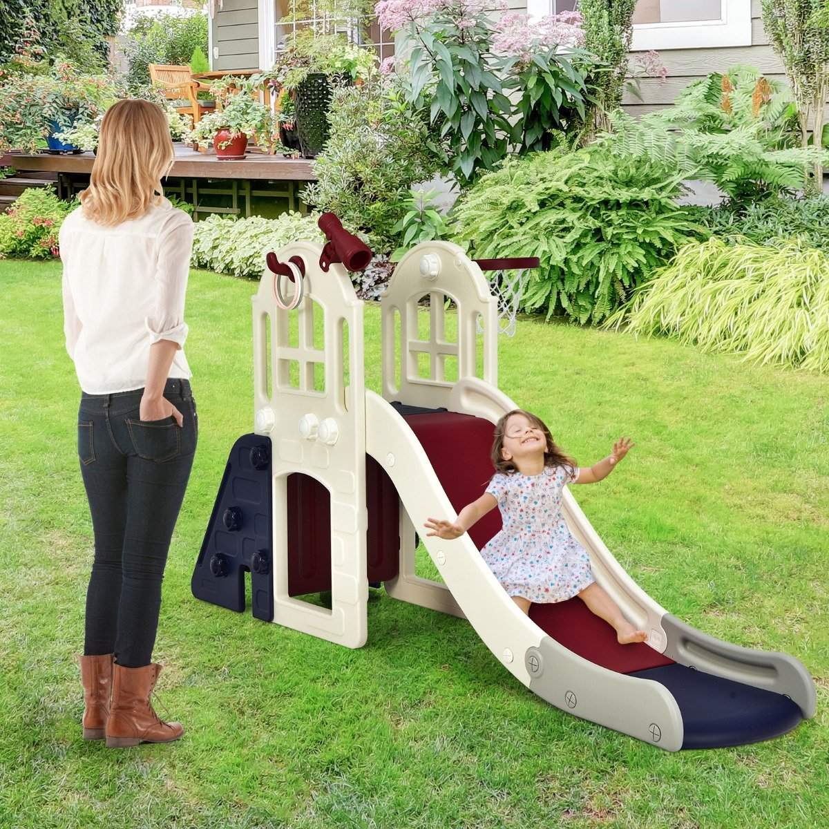 Children's slide children's playground for garden children's slide with ladder basketball hoop blue