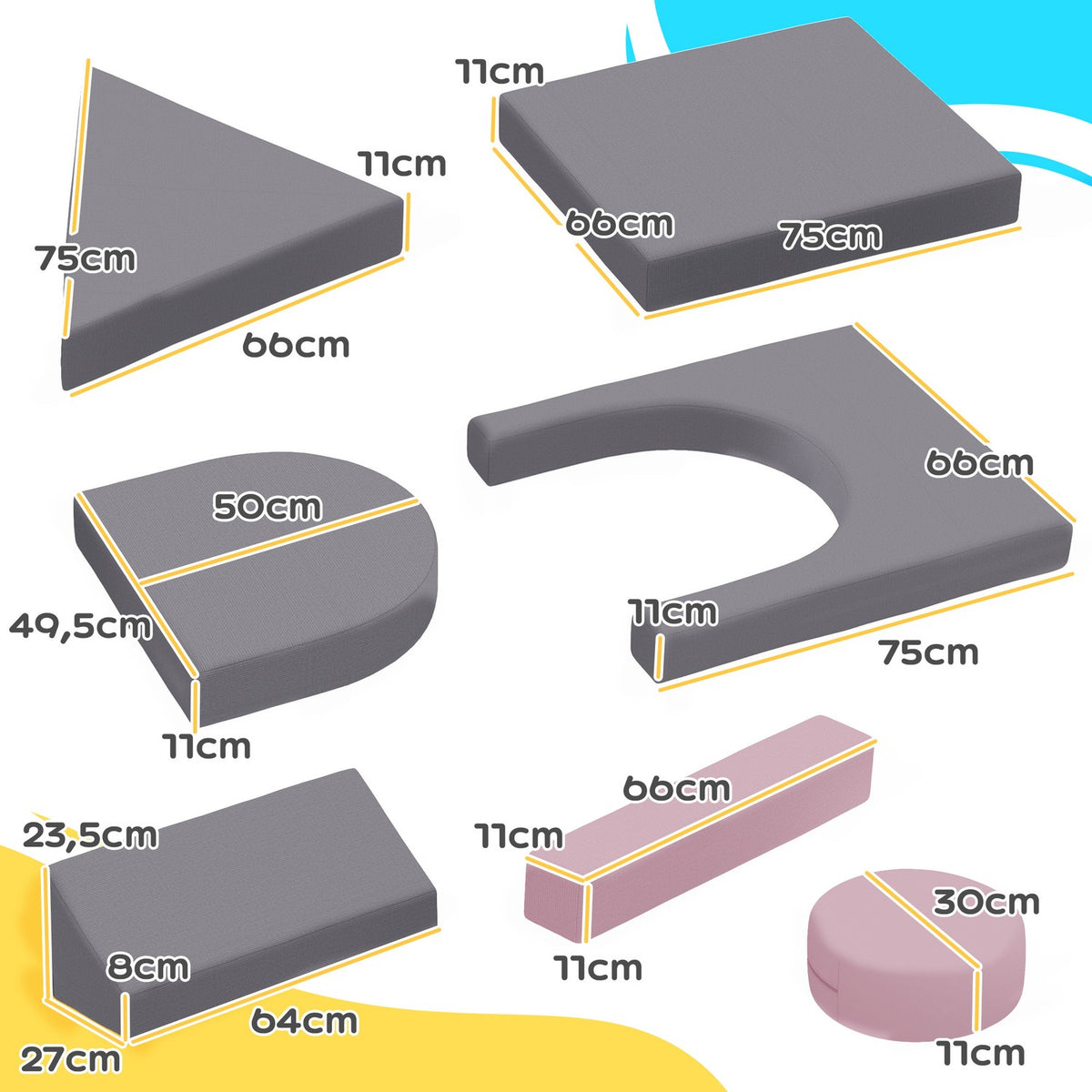 Children's sofa, 12-piece modular children's couch made of foam, soft building blocks, play sofa for children from 18 months, children's room or playroom grey/pink