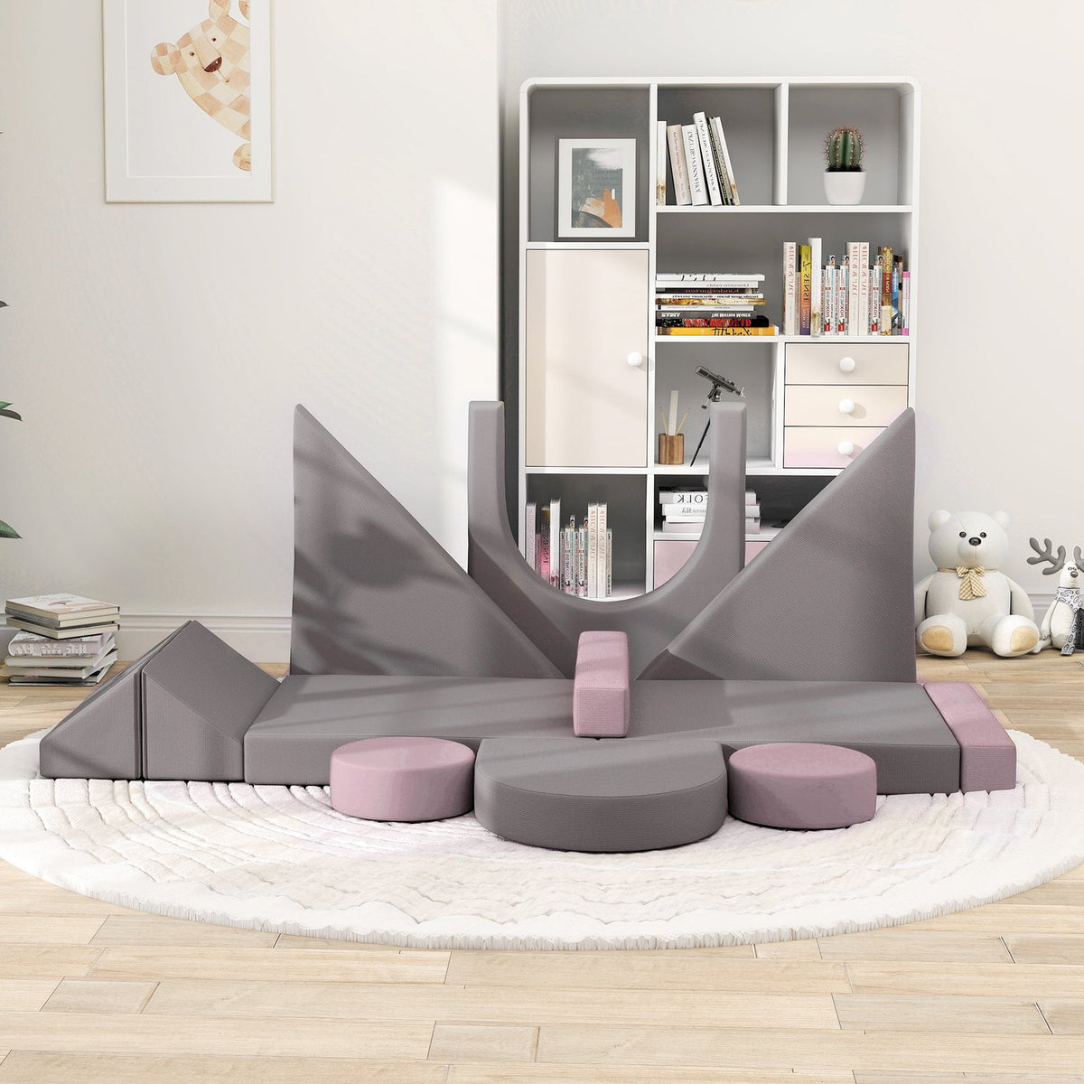 Children's sofa, 12-piece modular children's couch made of foam, soft building blocks, play sofa for children from 18 months, children's room or playroom grey/pink