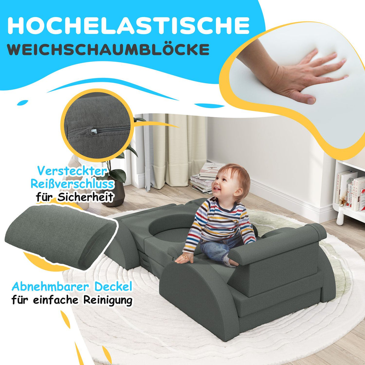 Children's sofa, 14-piece modular children's couch made of foam, soft building blocks, play sofa for children from 18 months, children's room or playroom gray