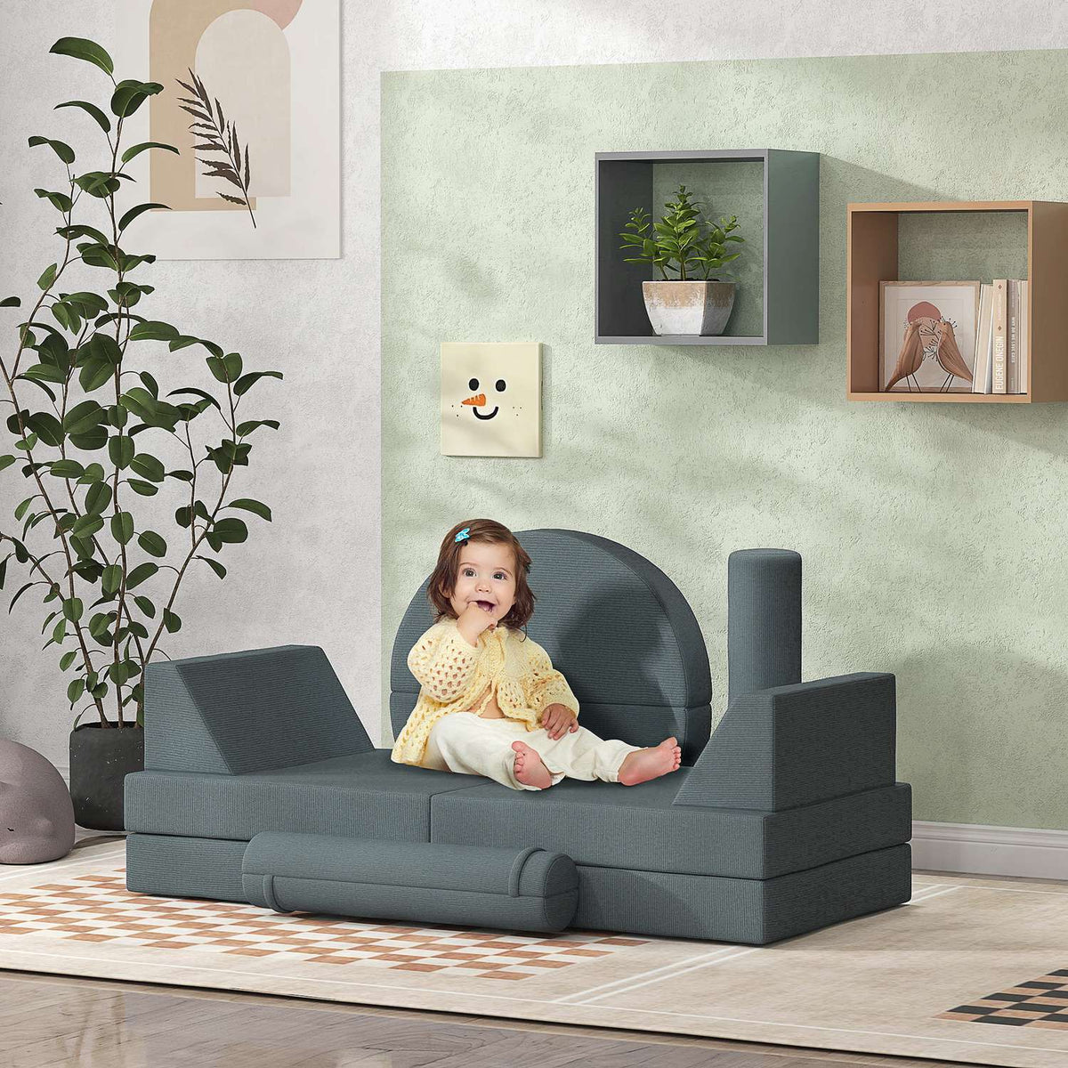 Children's sofa, 14-piece modular children's couch made of foam, soft building blocks, play sofa for children from 18 months, children's room or playroom gray