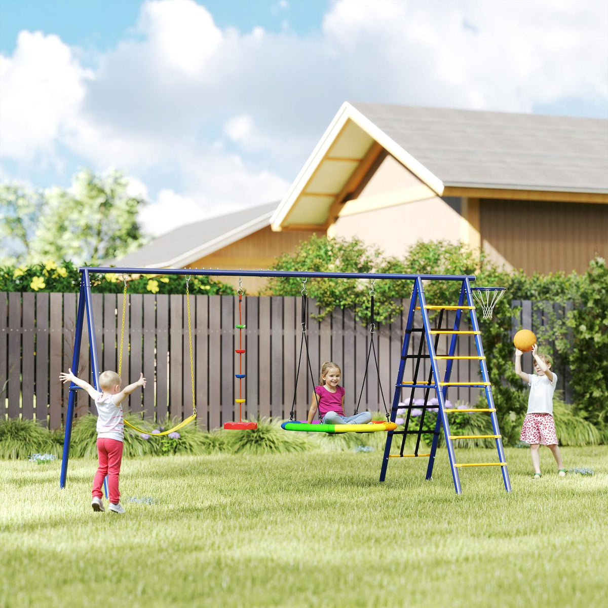Children's swing set 6 in 1 steel swing frame with belt swing, nest swing, pulley swing, climbing net, climbing ladder and basketball hoop for children 3-8 years