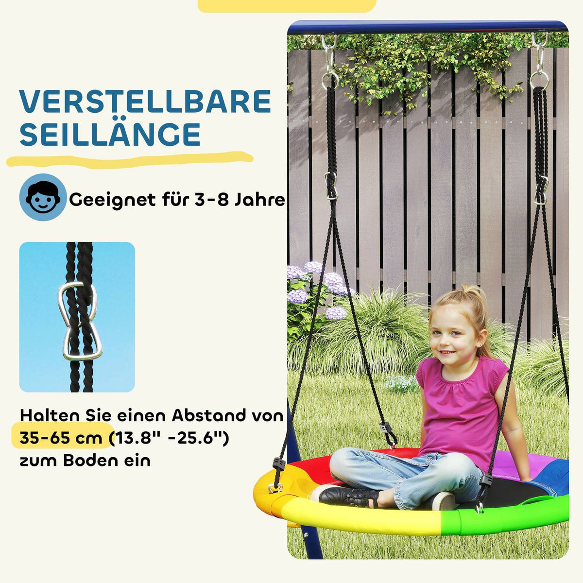 Children's swing set 6 in 1 steel swing frame with belt swing, nest swing, pulley swing, climbing net, climbing ladder and basketball hoop for children 3-8 years