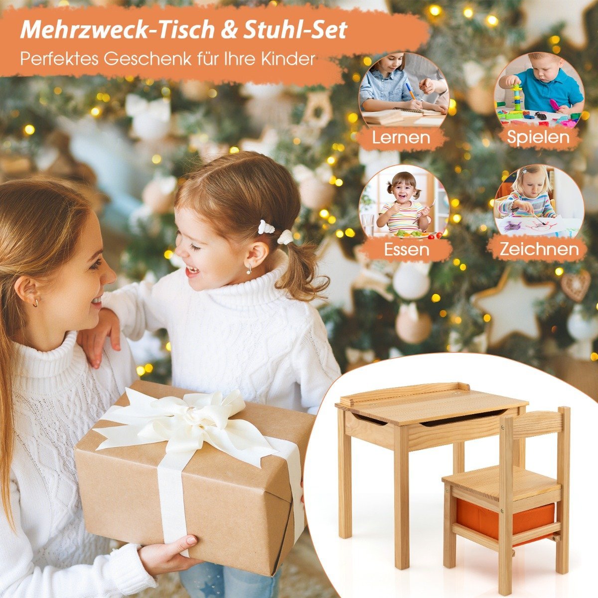 Children's table + chair made of solid wood with folding table top & drawer & hooks natural