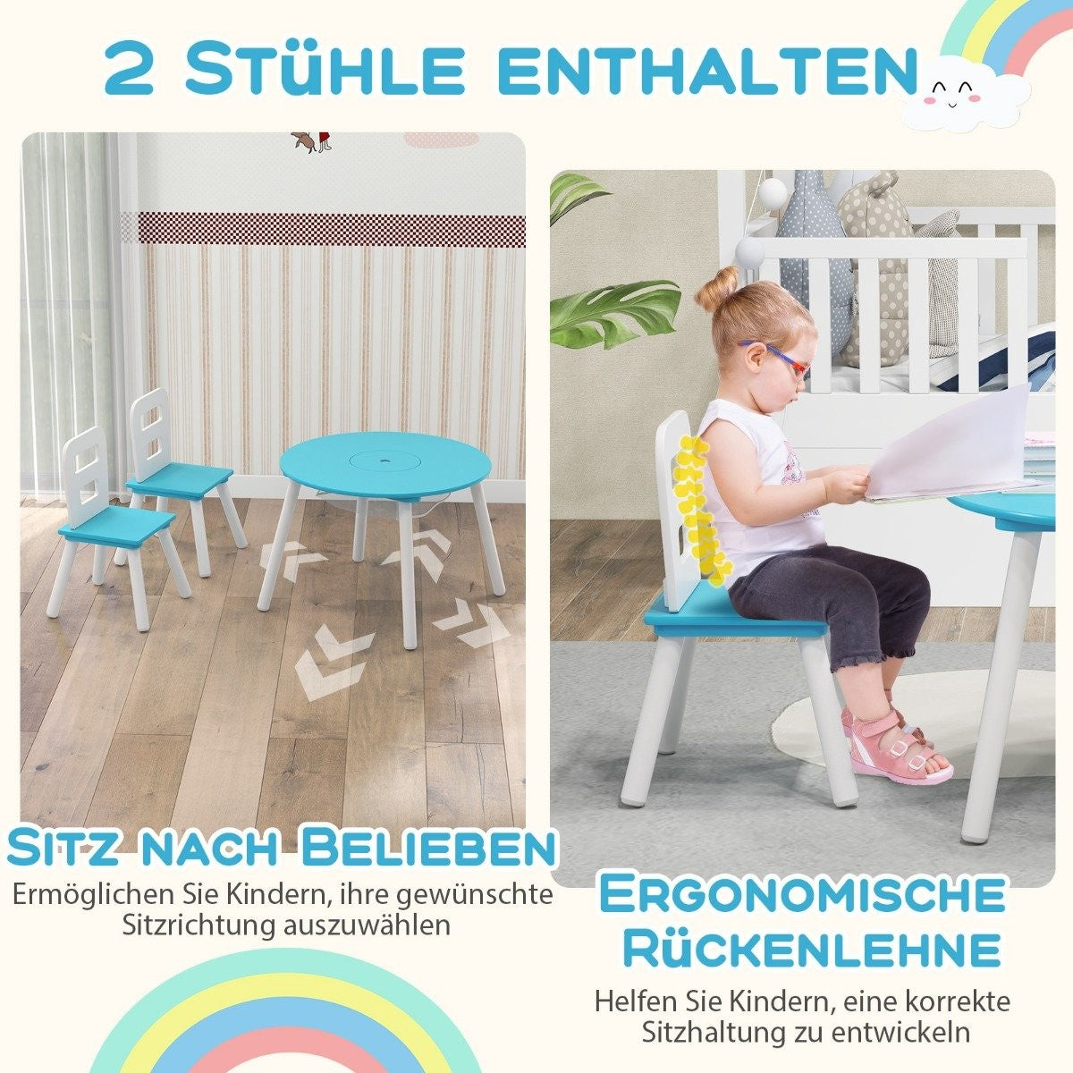 Children's table with 2 chairs 3 pieces. Children's furniture set made of wood, stackable green