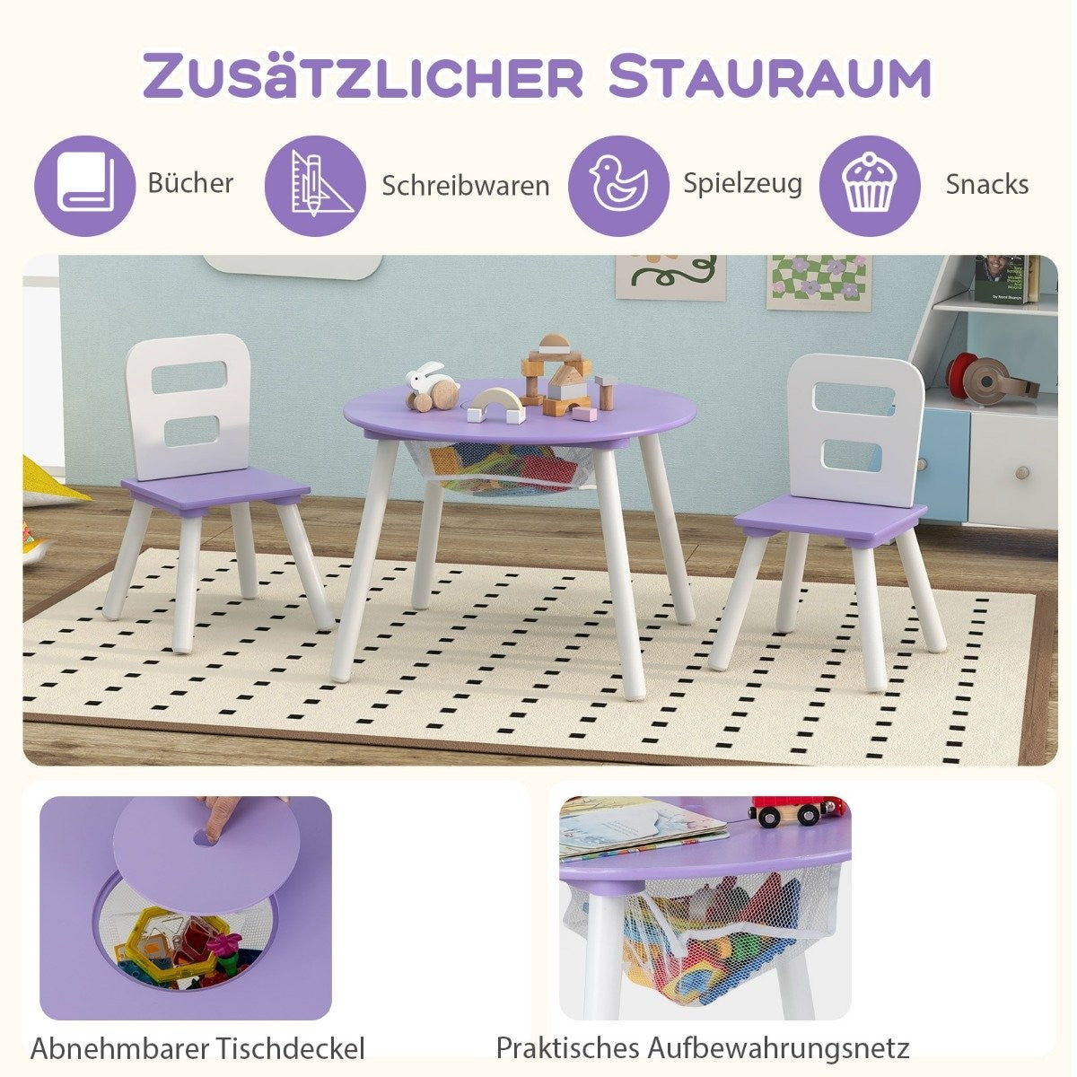 Children's table with 2 chairs 3 pieces. Children's seating set made of wood, children's seating set with removable table cover, purple