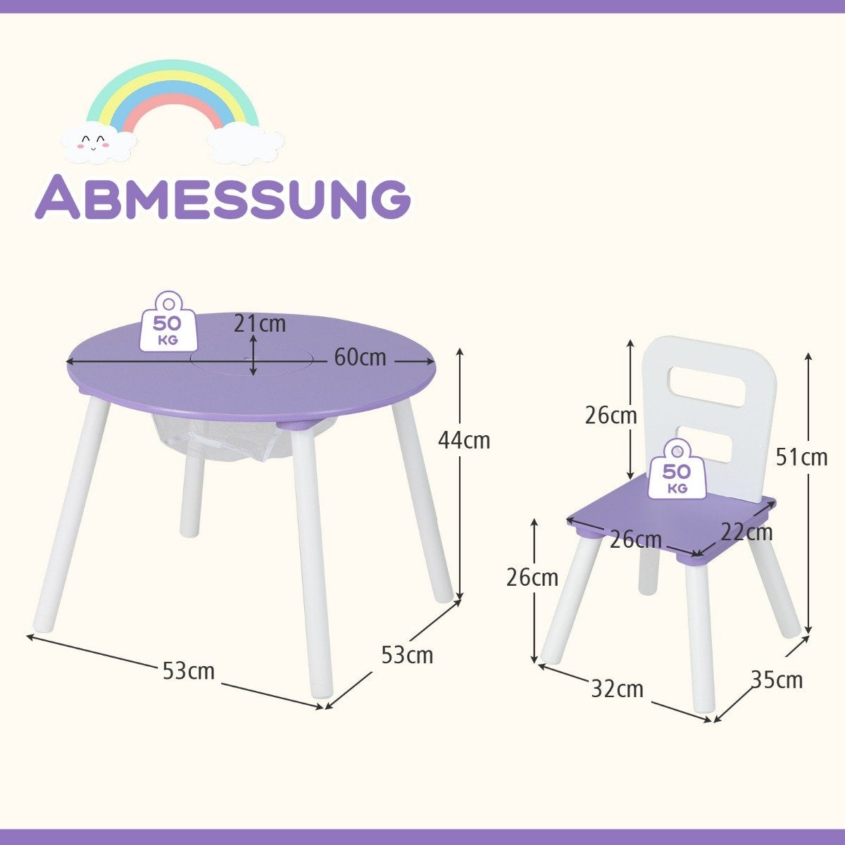 Children's table with 2 chairs 3 pieces. Children's seating set made of wood, children's seating set with removable table cover, purple
