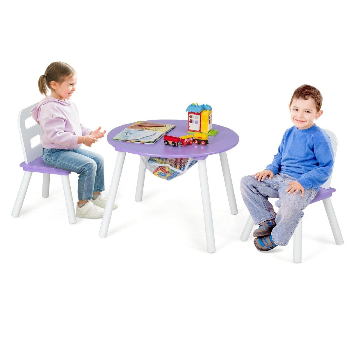 Children's table with 2 chairs 3 pieces. Children's seating set made of wood, children's seating set with removable table cover, purple