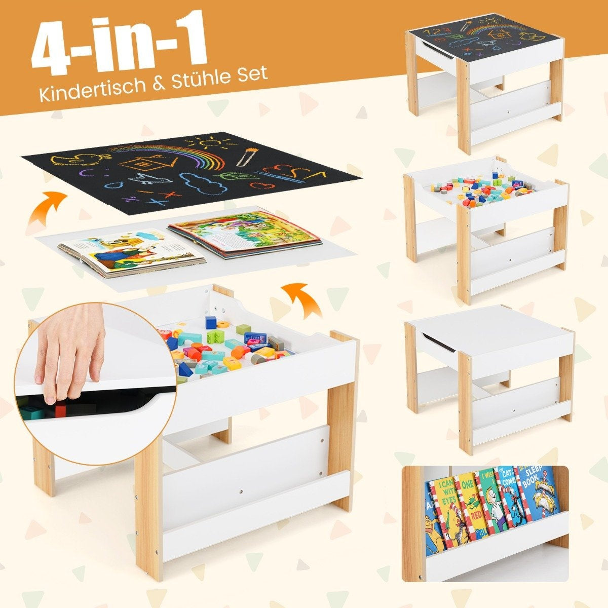Children's table with 2 chairs & Reversible table top & Bookshelves 3-piece children's seating group natural