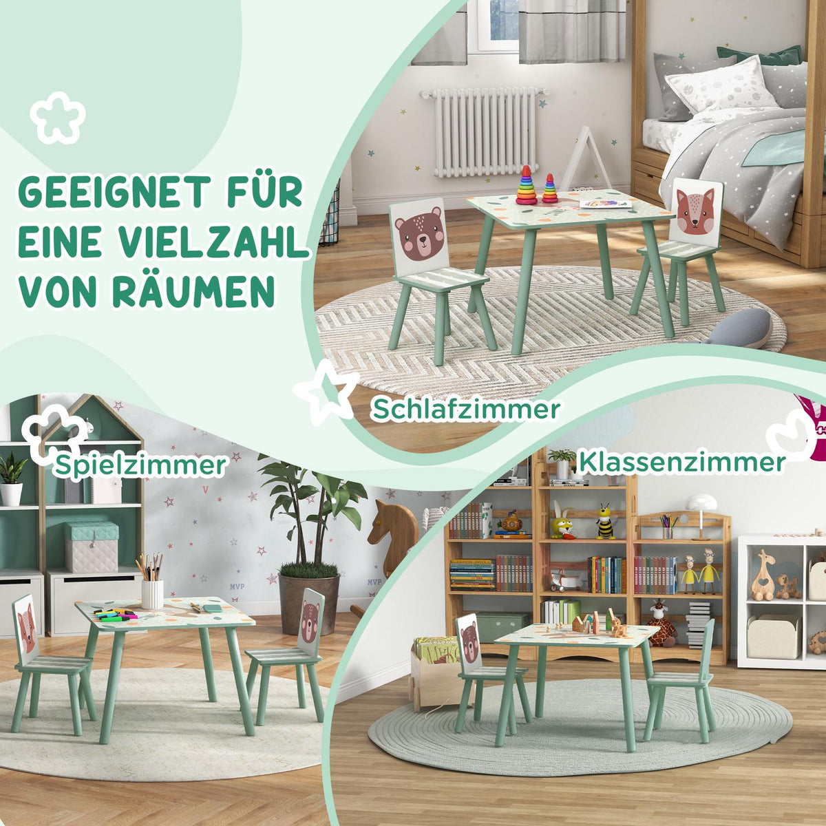 Children's table with 2 chairs, children's seating group with 1 table and 2 chairs, cute animal motif, children's set for children 3-8 years, green