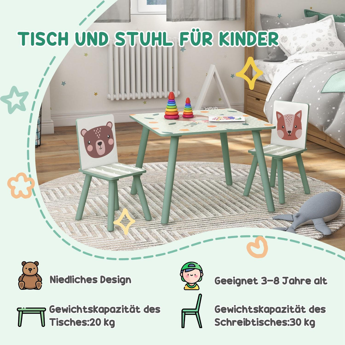 Children's table with 2 chairs, children's seating group with 1 table and 2 chairs, cute animal motif, children's set for children 3-8 years, green