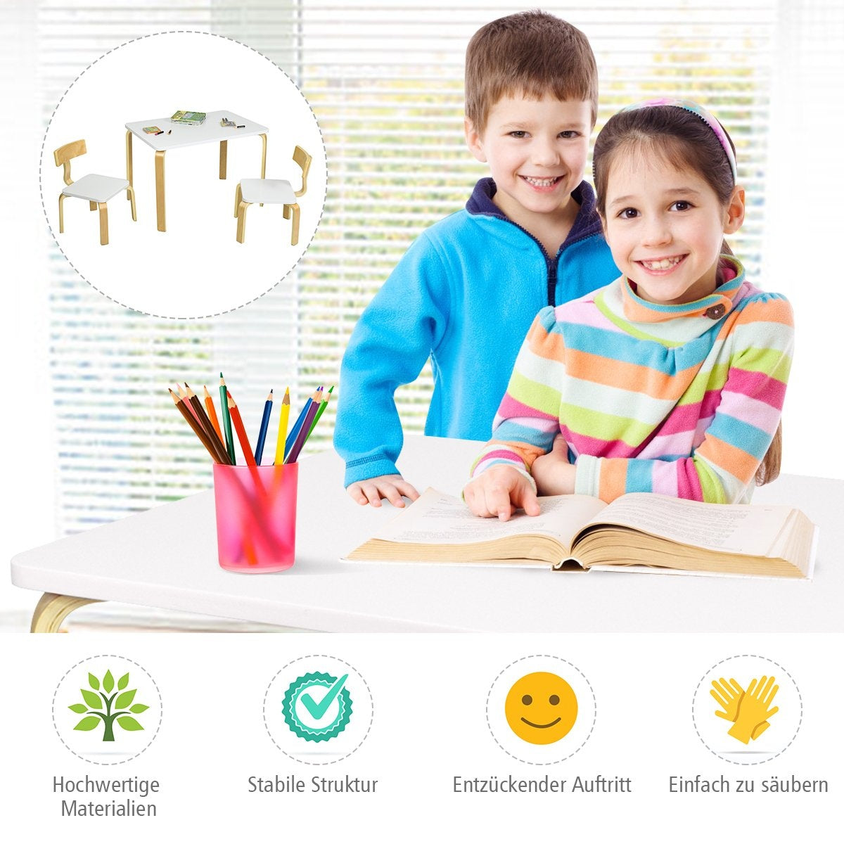 Children's table with 2 wooden chairs 3 pieces. Children's seating group Seating group for children white